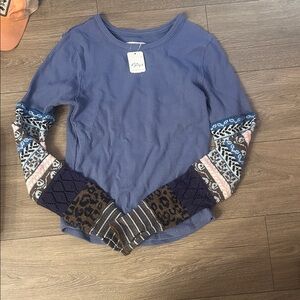Free People Blue Patterned Sleeve Top